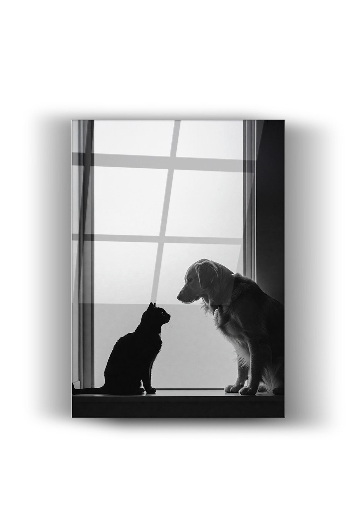 Cam Tablo Sessiz Dostluk Kedi ve Köpek Portresi – Modern Ev Dekorasyonu, Ofis Dekorasyonu, Salon ve Çocuk Odası
