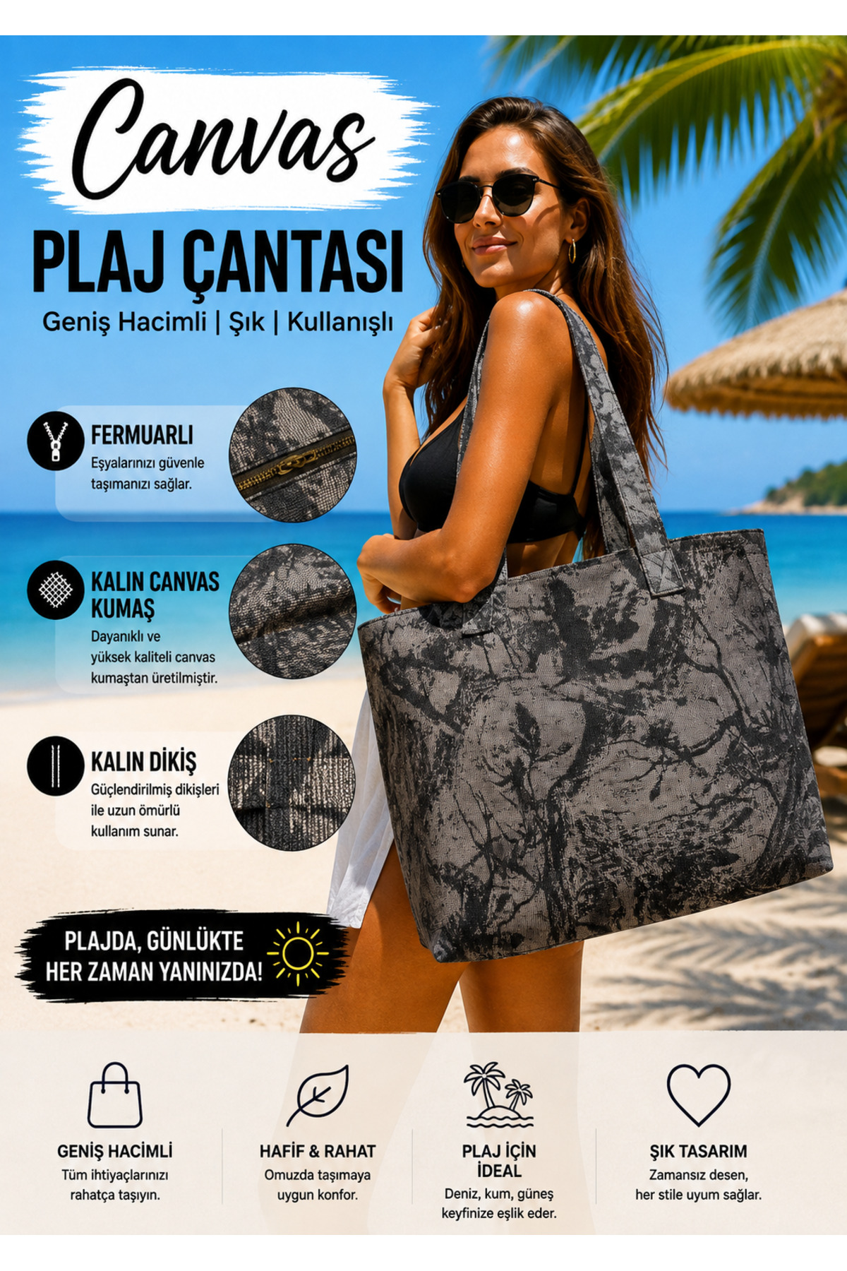 imkaya Canvas Plaj Çantası Fermuarlı Geniş Hacimli Kalın Kumaş Omuz Çantası - Kadın Çantası görsel 2
