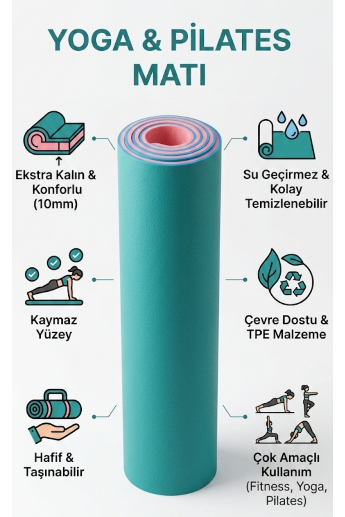 kamptek kamp teknolojisi Premium Pilates & Yoga Kamp Matı – 10 mm Kaymaz, Darbe Emici Çift Renkli (Pembe & Turkuaz) 180×60 cm