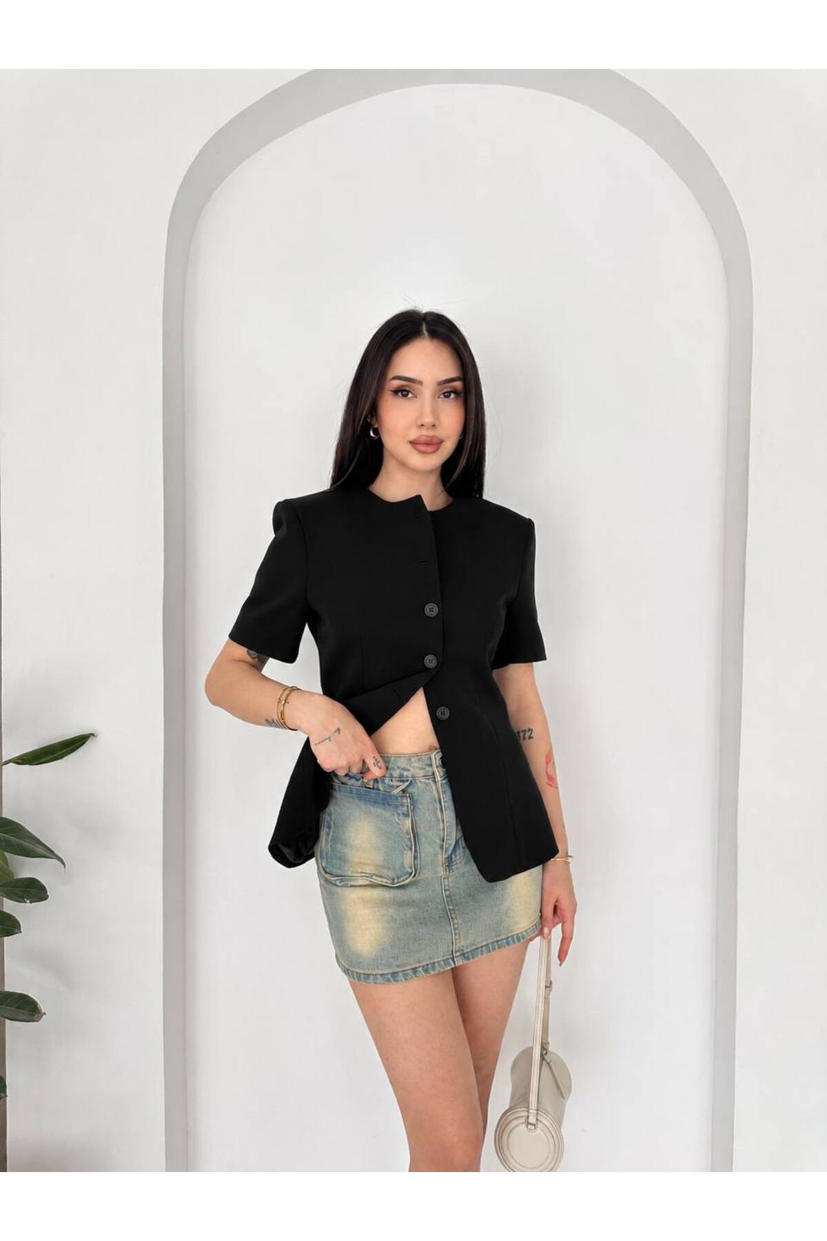 Pukka Kadın Double Kumaş Düğmeli Bel Oturtmalı Kısa Kollu Blazer Ceket görsel 2