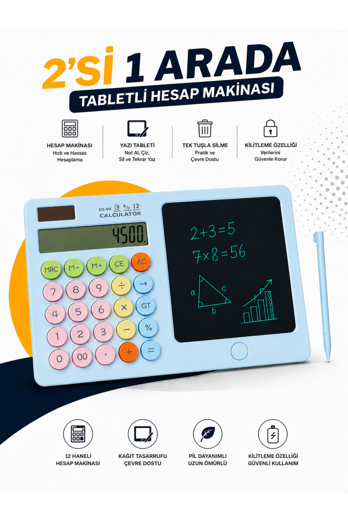 TOMBİ-X LCD Yazı Tabletli Hesap Makinesi - Kalemli Dijital Not Defteri ve Hesap Makinesi 2 si 1 Arada MAVİ