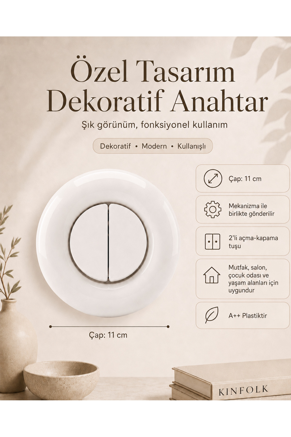Özel Tasarım Bubble Serisi Kırık Beyaz Dekoratif Anahtar A Kalite Plastik (Mekanizma Dahildir)