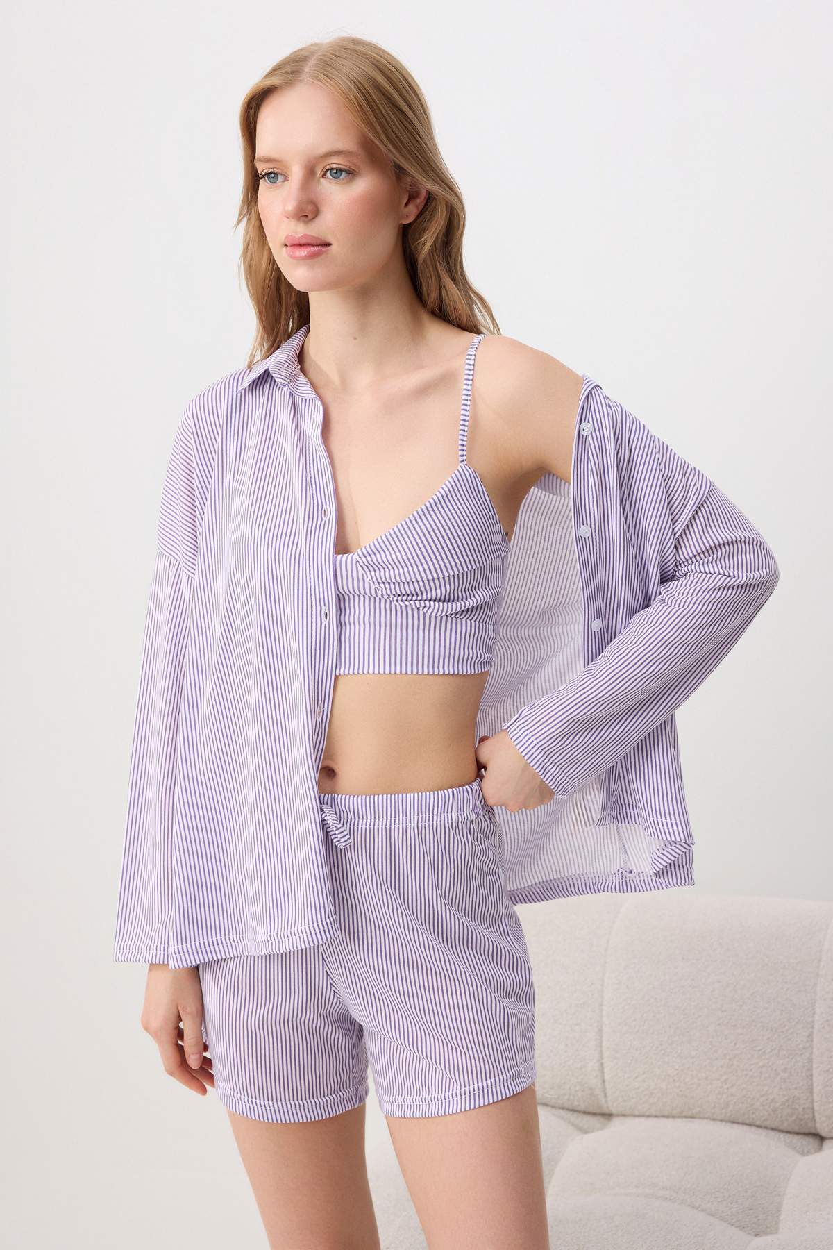 Trendyolmilla Mor 3'lü Bra'lı Çizgili Örme Pijama Takımı THMSS26PT00085