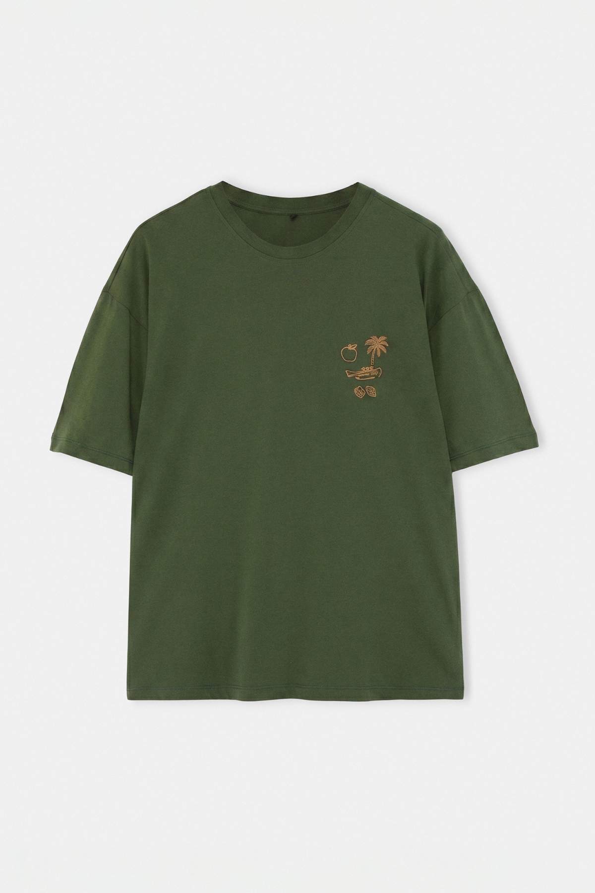 Trendyolmilla Man Haki Oversize/Geniş Kesim Nakışlı %100 Pamuk T-Shirt TMNSS26TS00051