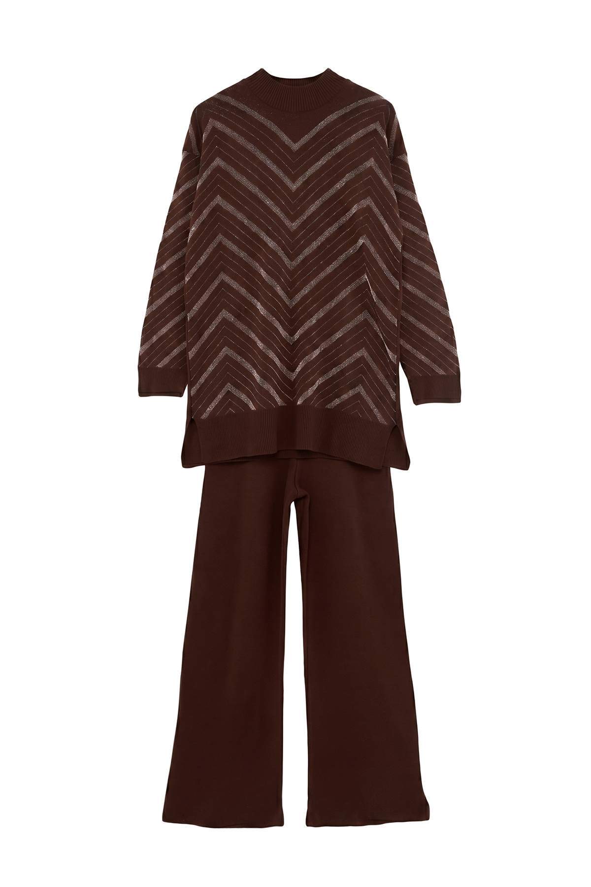 Trendyolmilla Modest Kahverengi Simli Triko Kazak Pantolon Alt-Üst Takım TCTAW25US00010