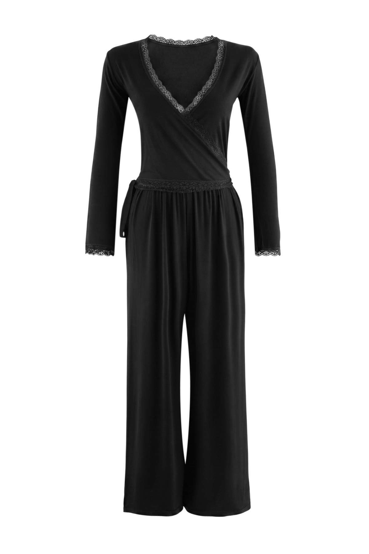 Trendyolmilla Siyah Dantel Detaylı Kruvaze Viskon Örme Pijama Takımı THMAW27PT00065