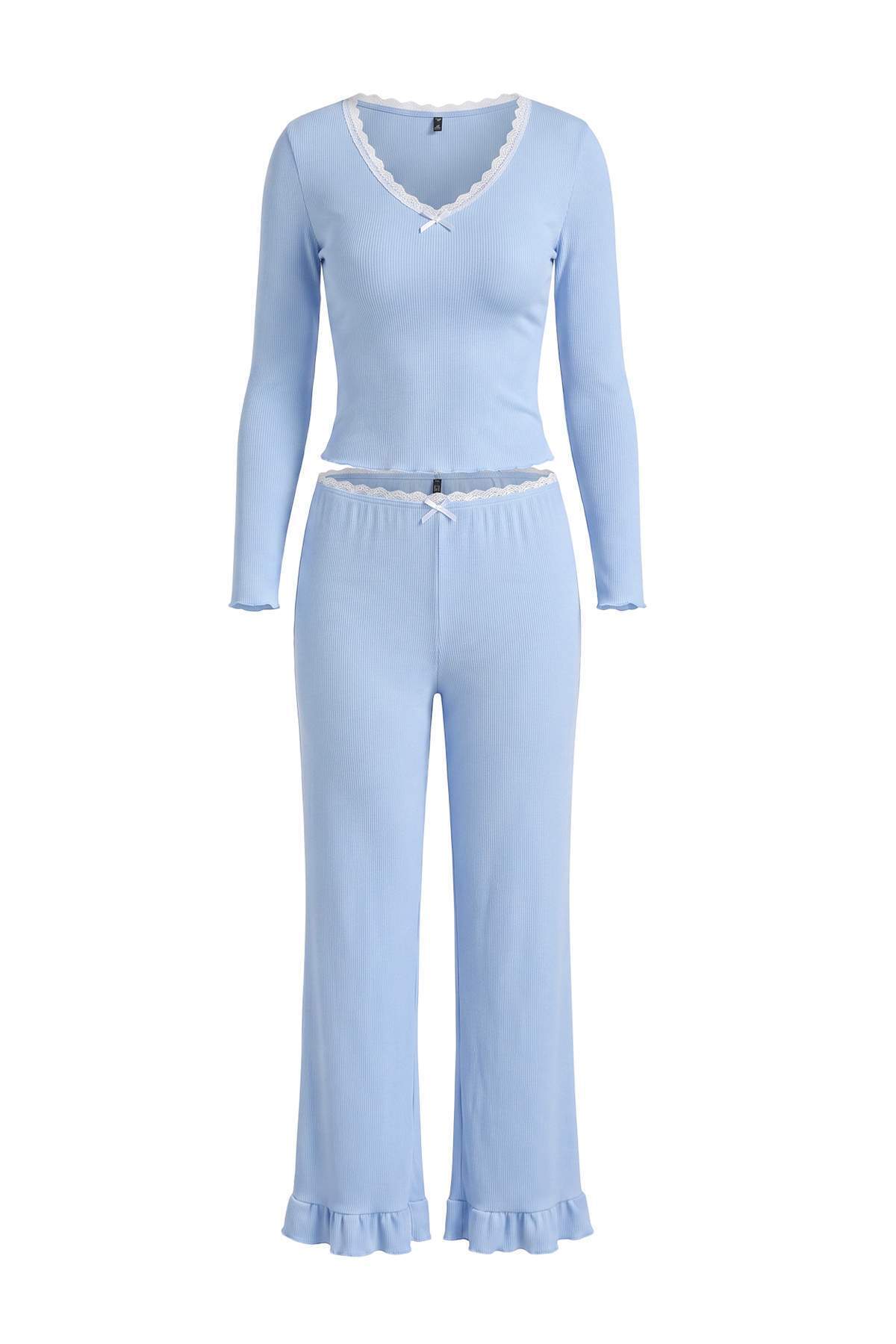 Trendyolmilla Mavi Dantel Detaylı Fitilli Örme Pijama Takımı THMAW27PT00033