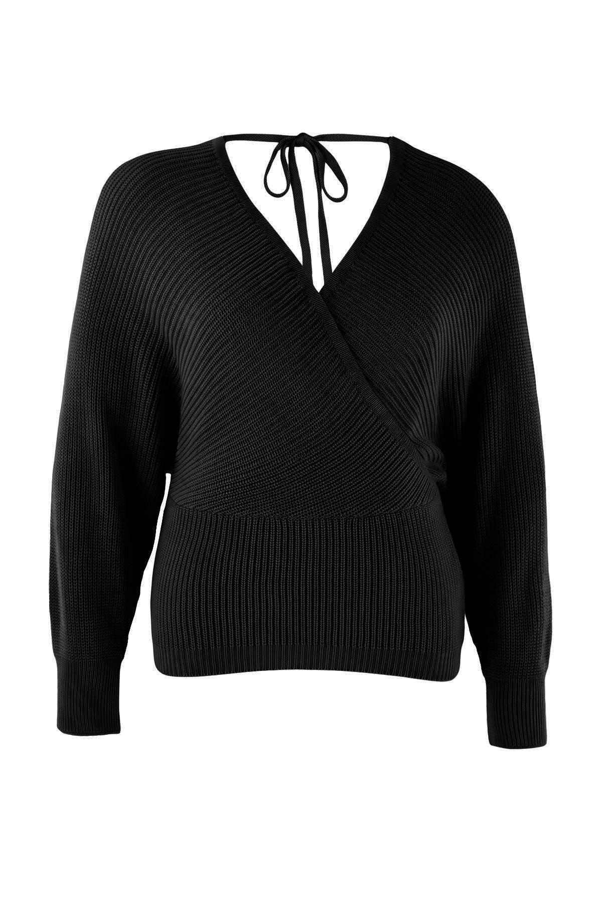 Trendyolmilla Curve Siyah Kruvaze Dantel Detaylı Triko Kazak TBBAW27AN00013