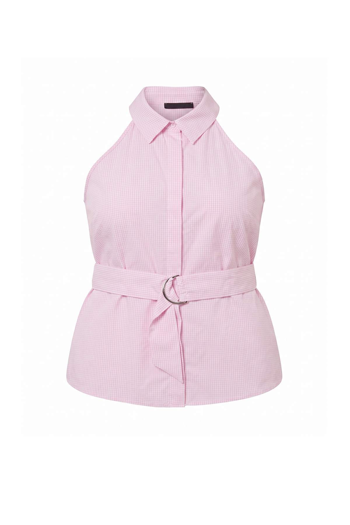 Trendyolmilla Curve Pembe Fitted Kolsuz Ekose/Kareli Aksesuar ve Kuşak Detaylı Büyük Beden Dokuma Gömlek TBBSS26AX00041