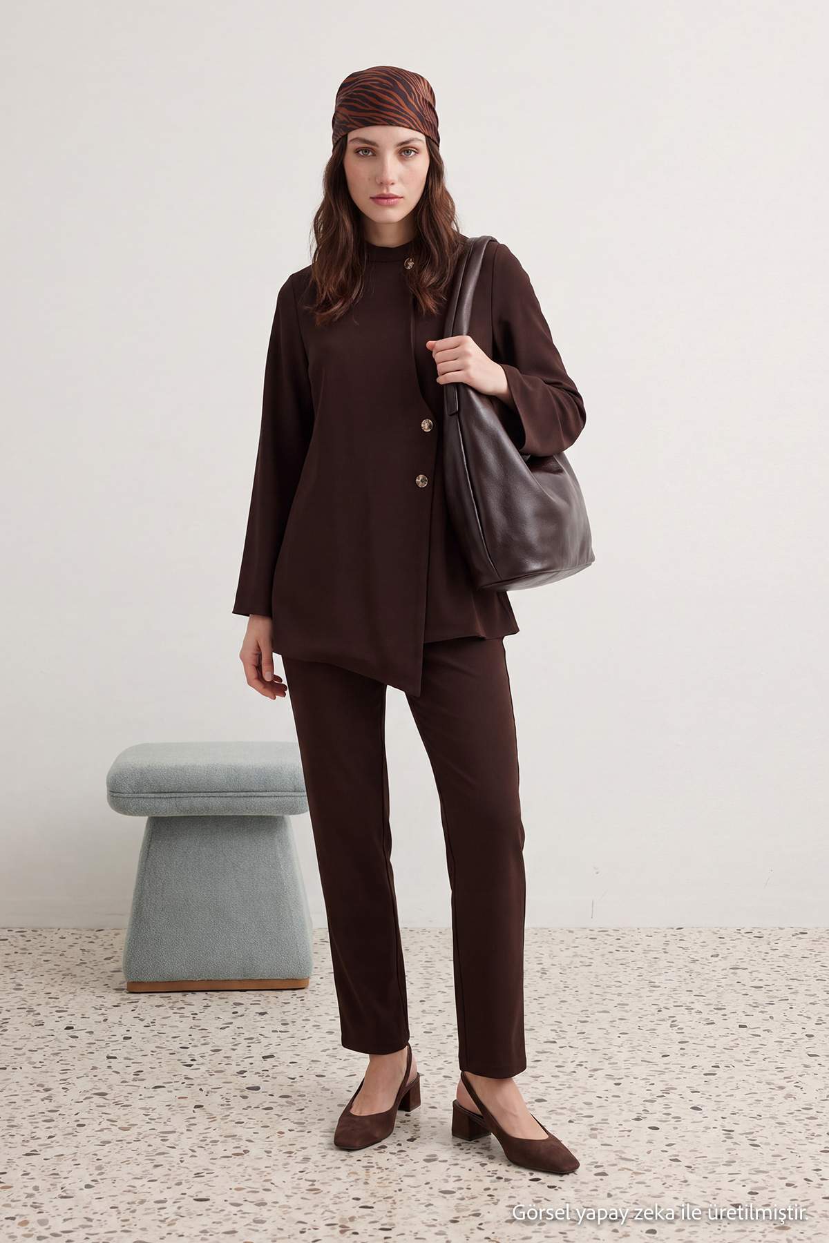 Trendyolmilla Modest Kahverengi Krep Bluz Pantolon Dokuma Alt - Üst Takım TCTAW27US00017
