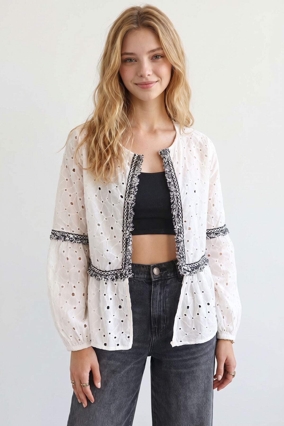 Scalloped Woven Jacket with White Ribbon Detail