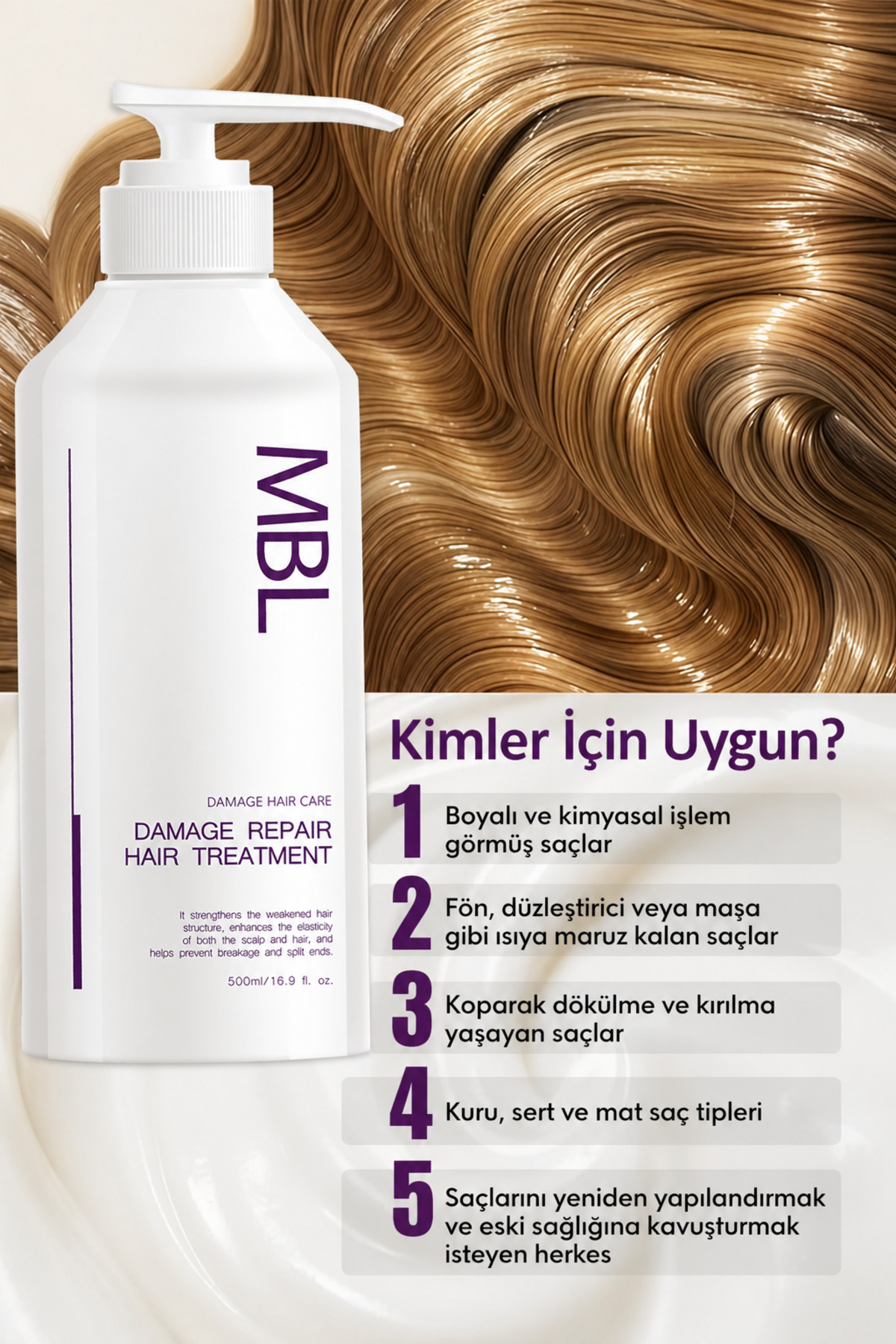 MBL Saç Onarıcı Maske – Kırılma Karşıtı, Nemlendirici, Güçlendirici Bakım 500ML — 8809751760292 — تصویر 4 از 7