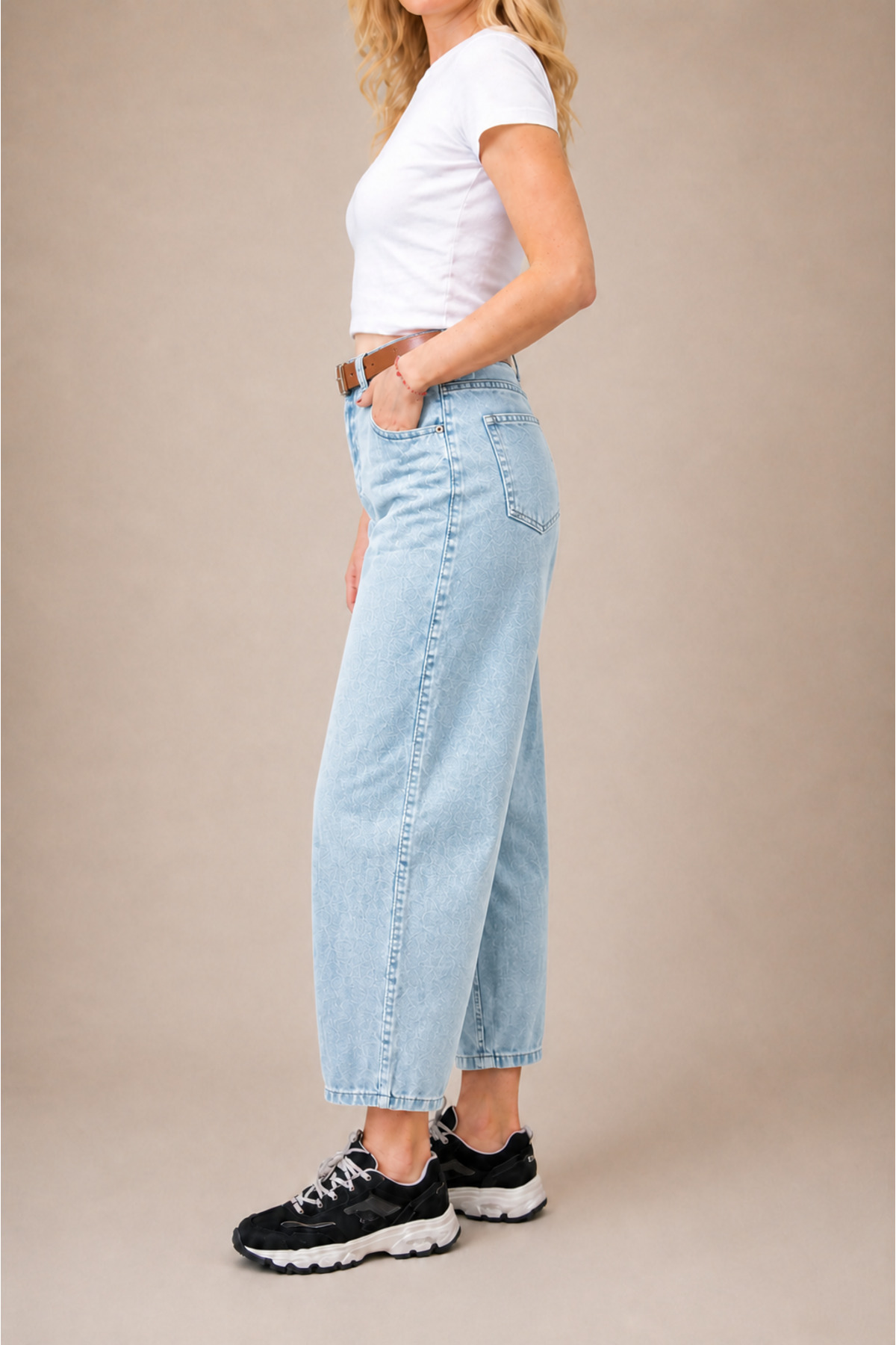 FlexiFit Yüksek Bel Kar Yıkama Baggy Jean Kot Pantolon - Deri Kemer Hediyeli görsel 6