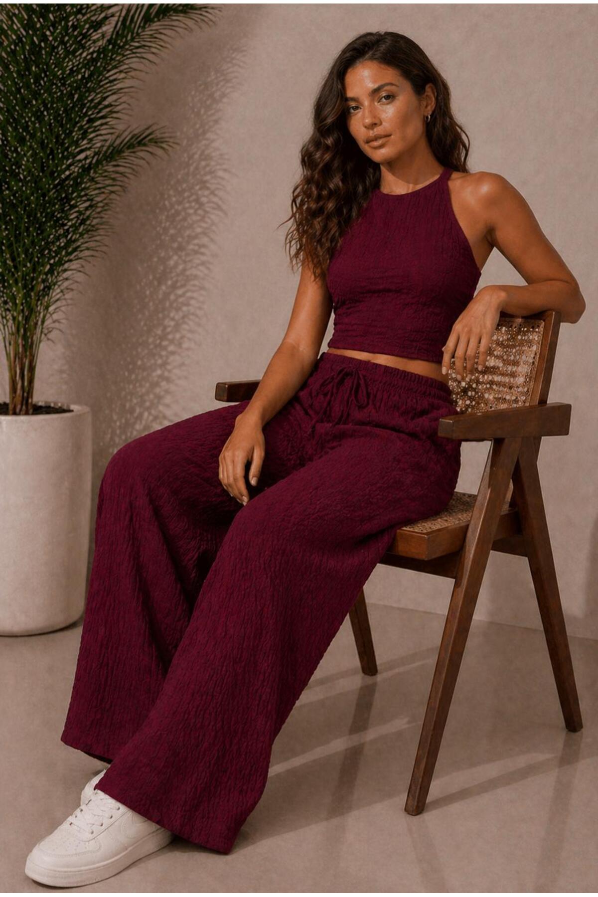 Claret Red Women's Bubble Pattern Detailed Sleeveless Bottom Top Set