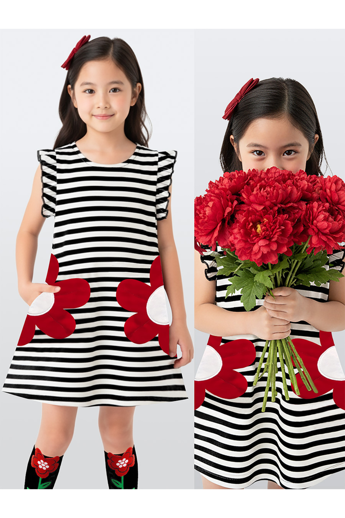 Denokids Kız Çocuk Çiçekli Elbise Siyah Beyaz Çizgili İlkbahar Yaz Sezonu 3-6 Yaş