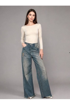 Feyna Kadın Jean Pantolon Wide Leg Rahat Kalıp