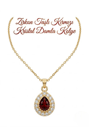 SEVMİNE Zirkon Taşlı Kırmızı Kristal Damla Çelik Kolye - Şık Kutu Detaylı Doğ...