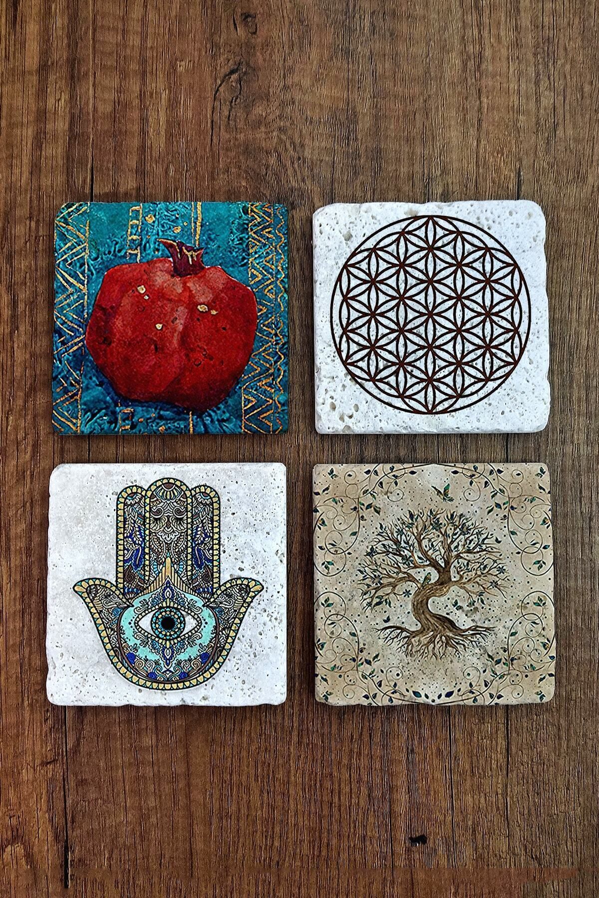 Natural Stone Coaster Uv Printed Set of 4 - Pomegranate, Flower of Life, Evil Eye, Tree of Life Stone Coasters
