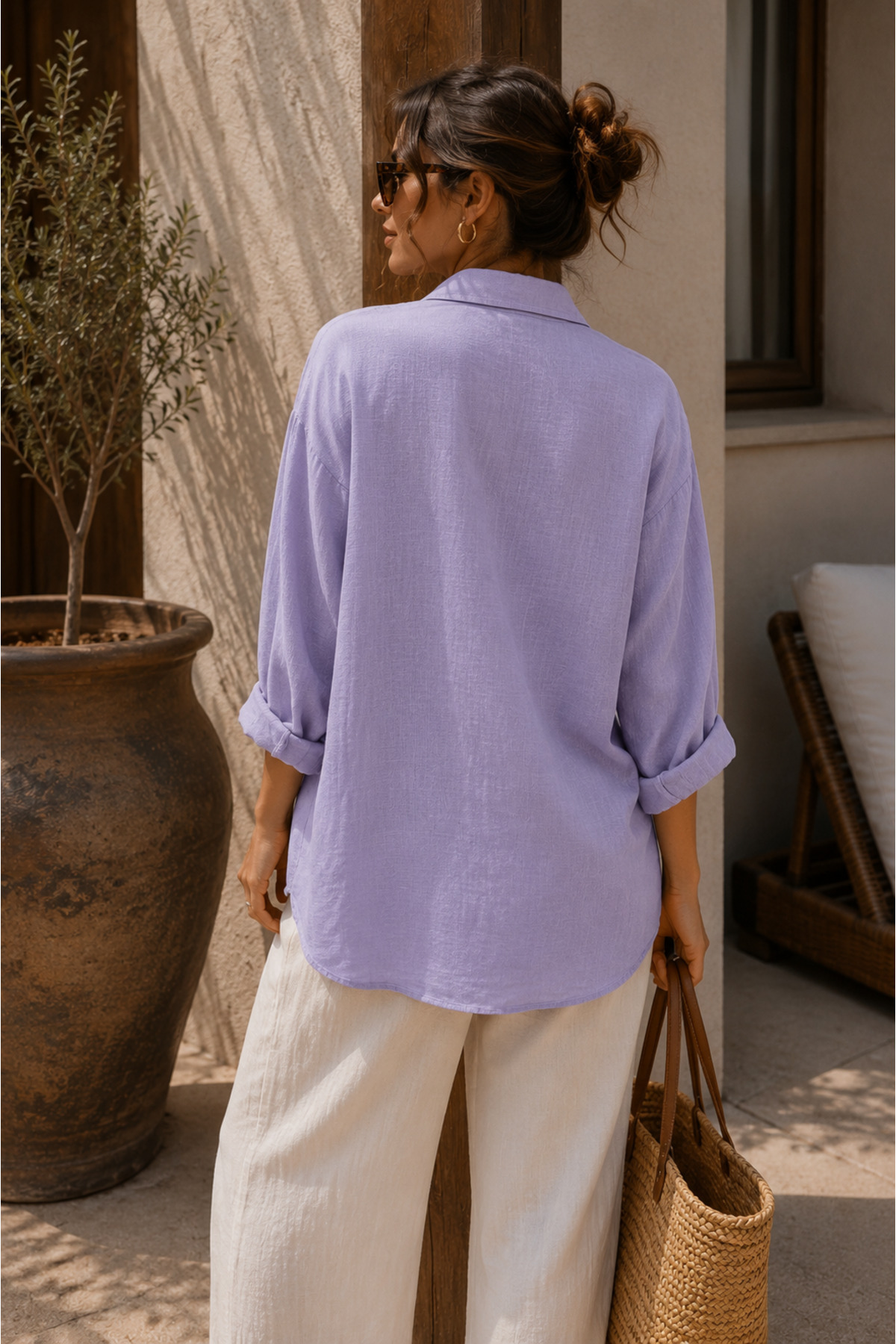 bb butik basic Oversize Keten Dokulu %100 Pamuk Tek Cepli Salaş Gömlek BB-KU3435 görsel 3