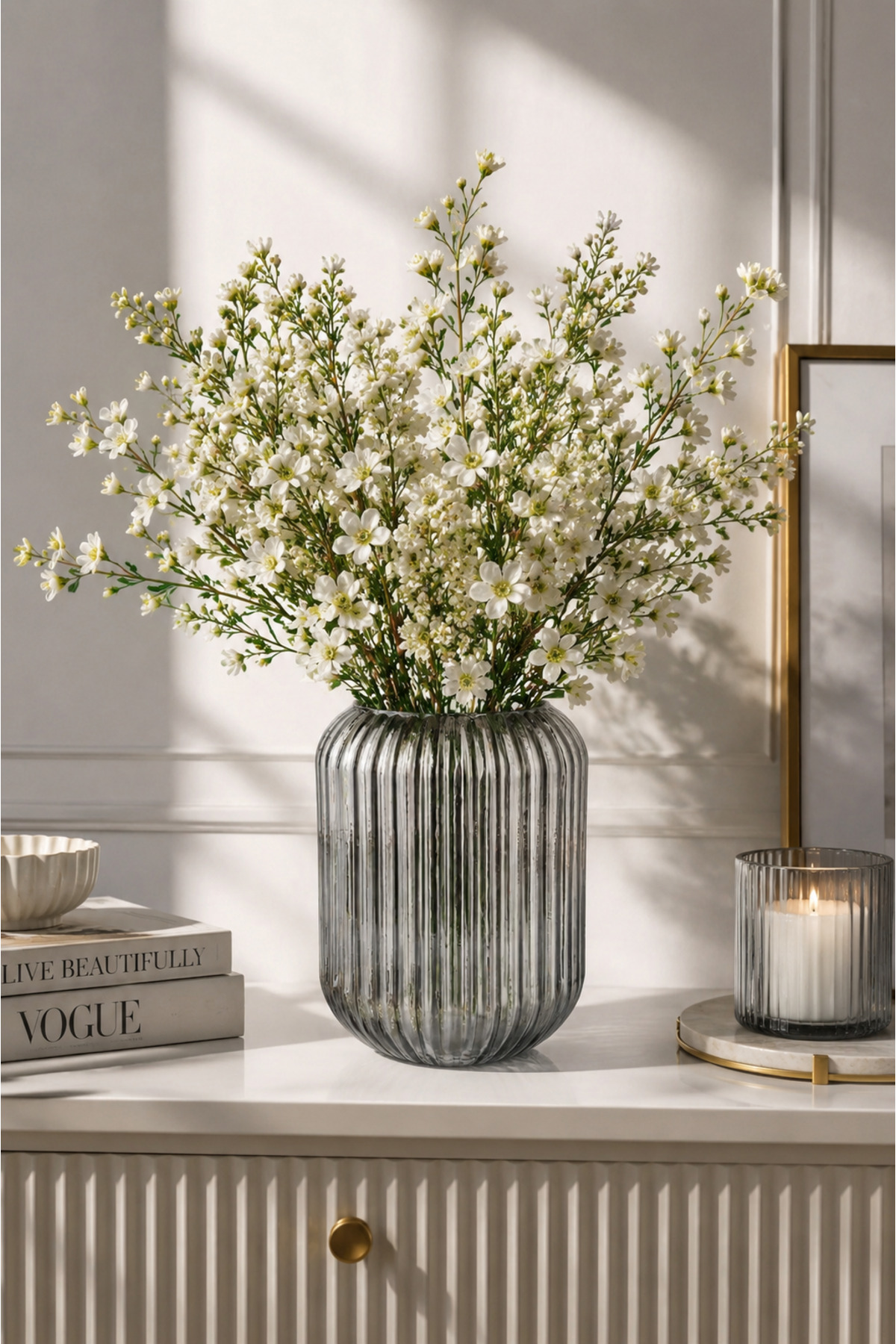 Decorative Line Glass Vase Smoked 20 cm • • Home Decoration Trendy Vase Luxury Living Room Vase Console || Modern Vase Models Flower Vase Table Top Vase Live Flower & Artificial Flower Vase Luxury Vase