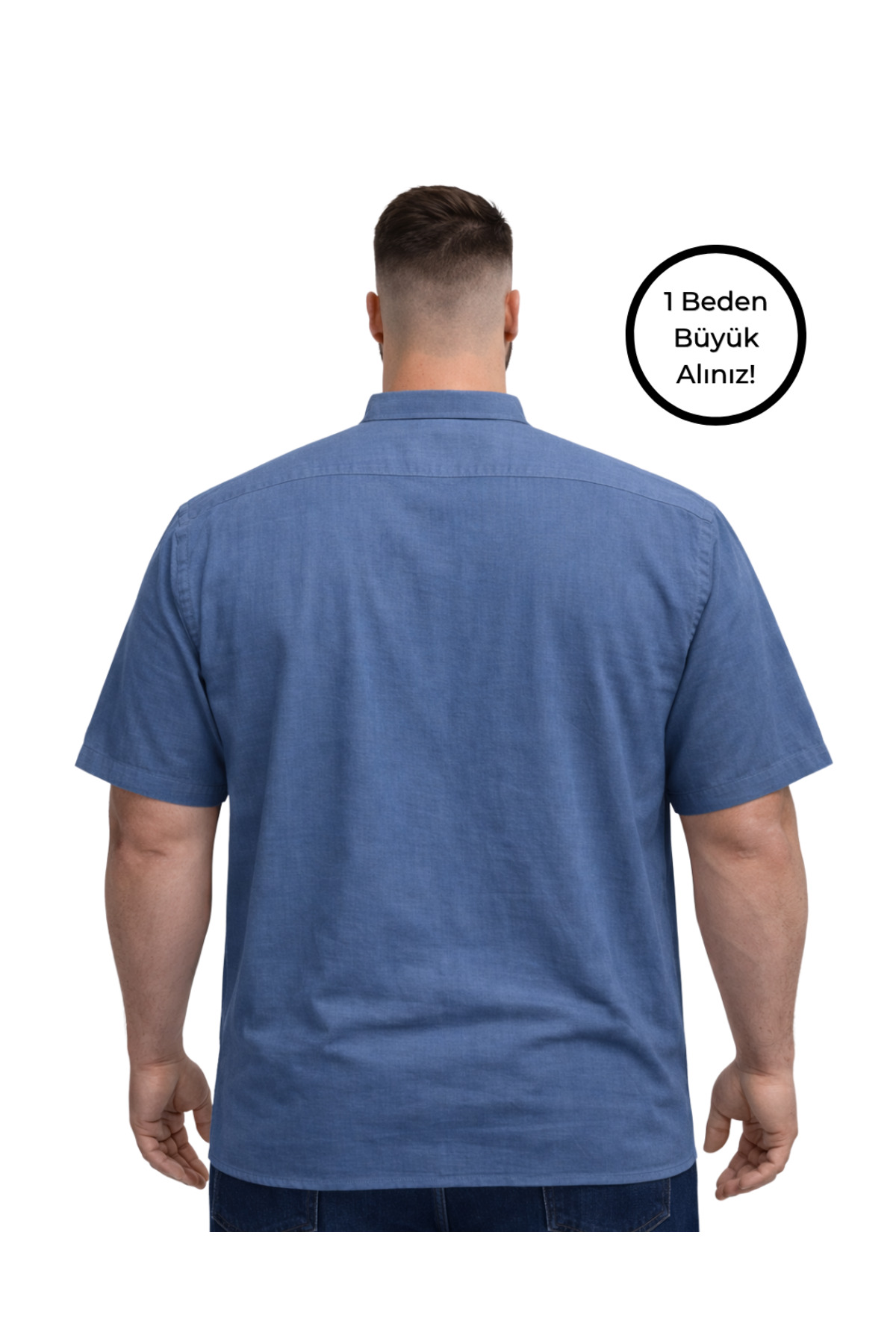 BattalModa Erkek Büyük Beden İndigo Çift Cepli Kısa Kollu Gömlek 3XL-4XL-5XL-6XL-7XL-8XL görsel 3