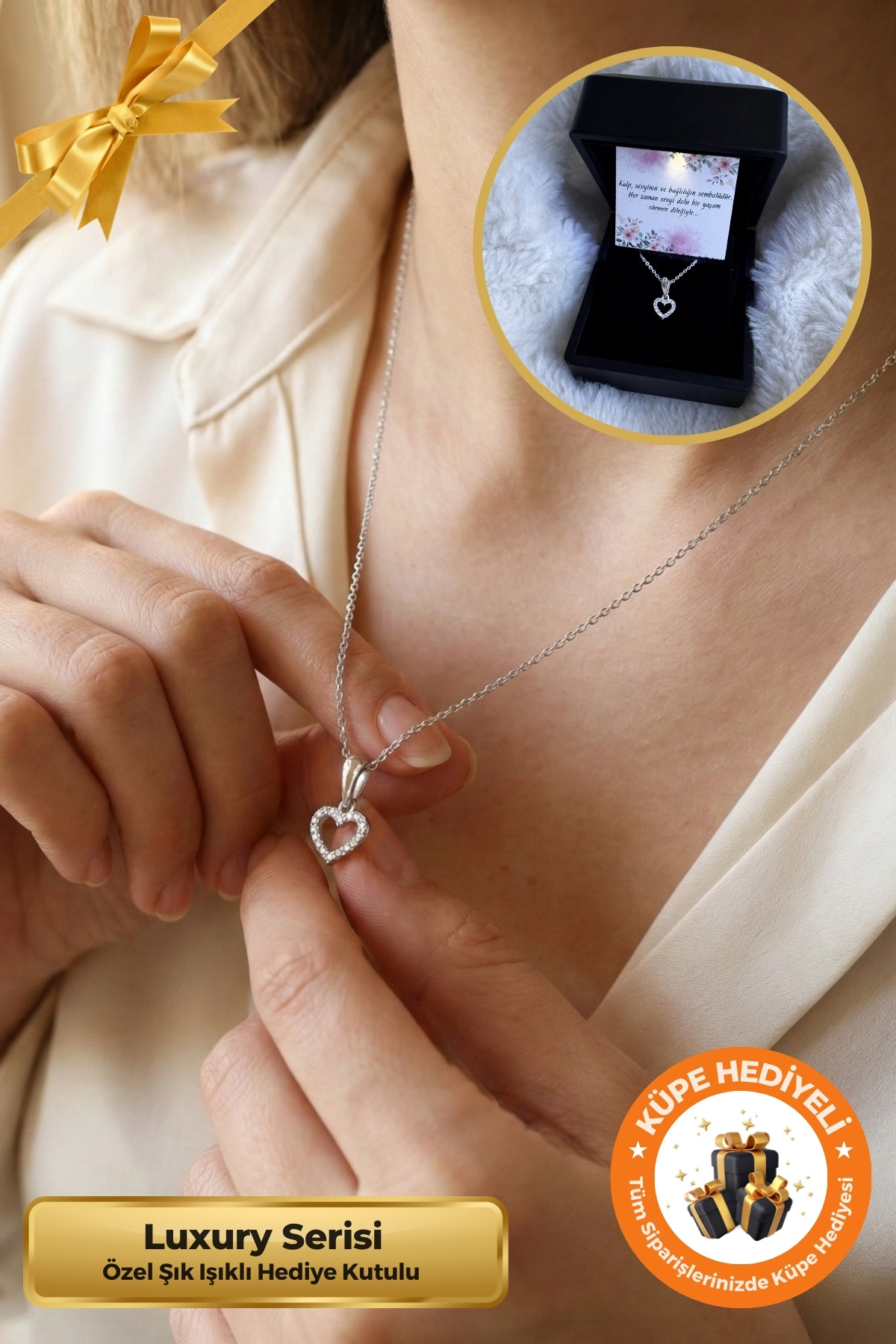 Lucente Jewellery Işıklı Hediye Kutulu Sonsuz Aşkın Simgesi 925 Ayar Luxury Serisi Beyaz Taşlı Minimal Kalp Gümüş Sevgiliye Eşe Anneye Özel Gün Hediyesi 45 Cm Zincirli Aşk Küpe Hediyeli Kalpli Şık & Zarif Kadın Kolye
