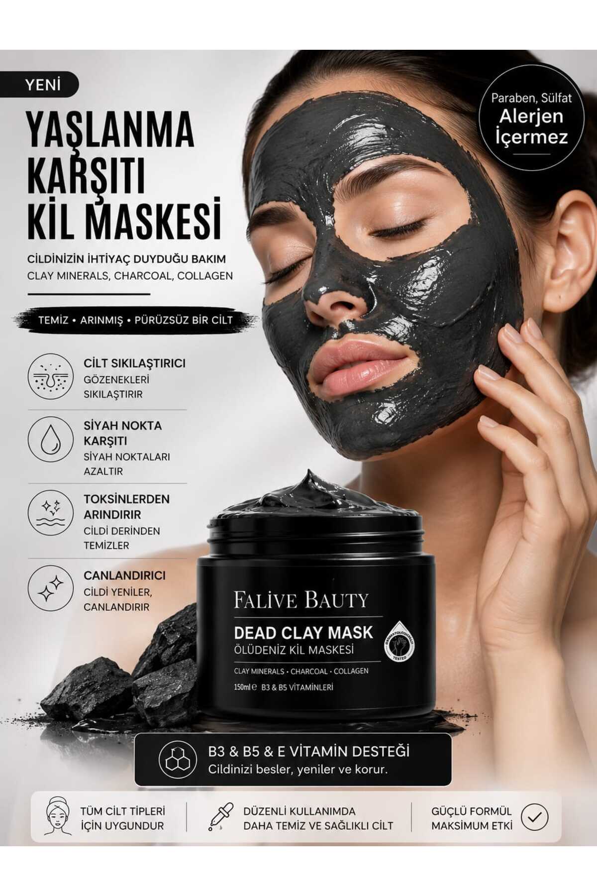 FALİVE BEAUTY ماسک خاک رس دریای مرده، کلاژن، ضد جوش سرسیاه، از بین برنده سلول‌های مرده پوست، احیا کننده صورت، ۱۵۰ گرم — ۴۳۲۴۳۴۳۲