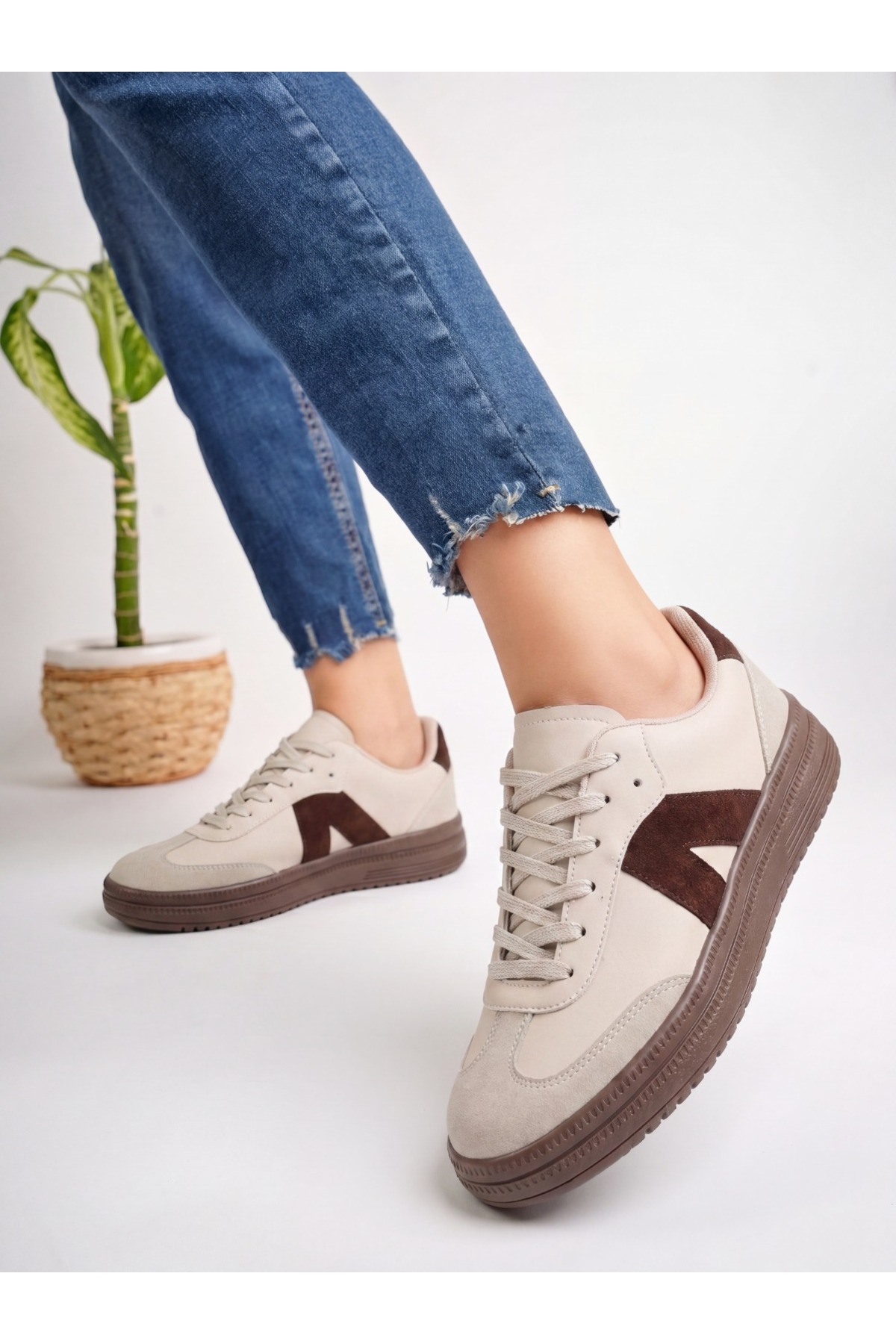 E SPORT Kadın Sneaker Yüksek Taban Ortopedik Bağcıklı Spor Ayakkabı Retro Bej-011 görsel 5