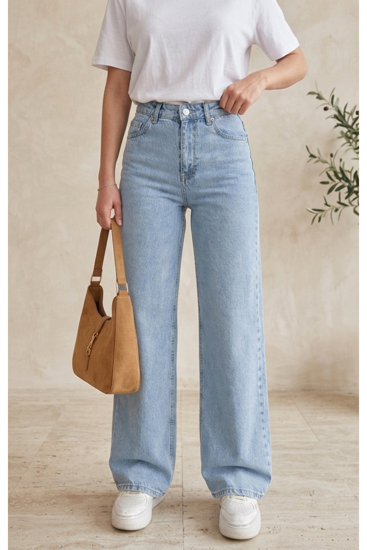 ZÉRIA Women's Light Blue Palazzo Jean High Waist Loose Wide Leg Trousers