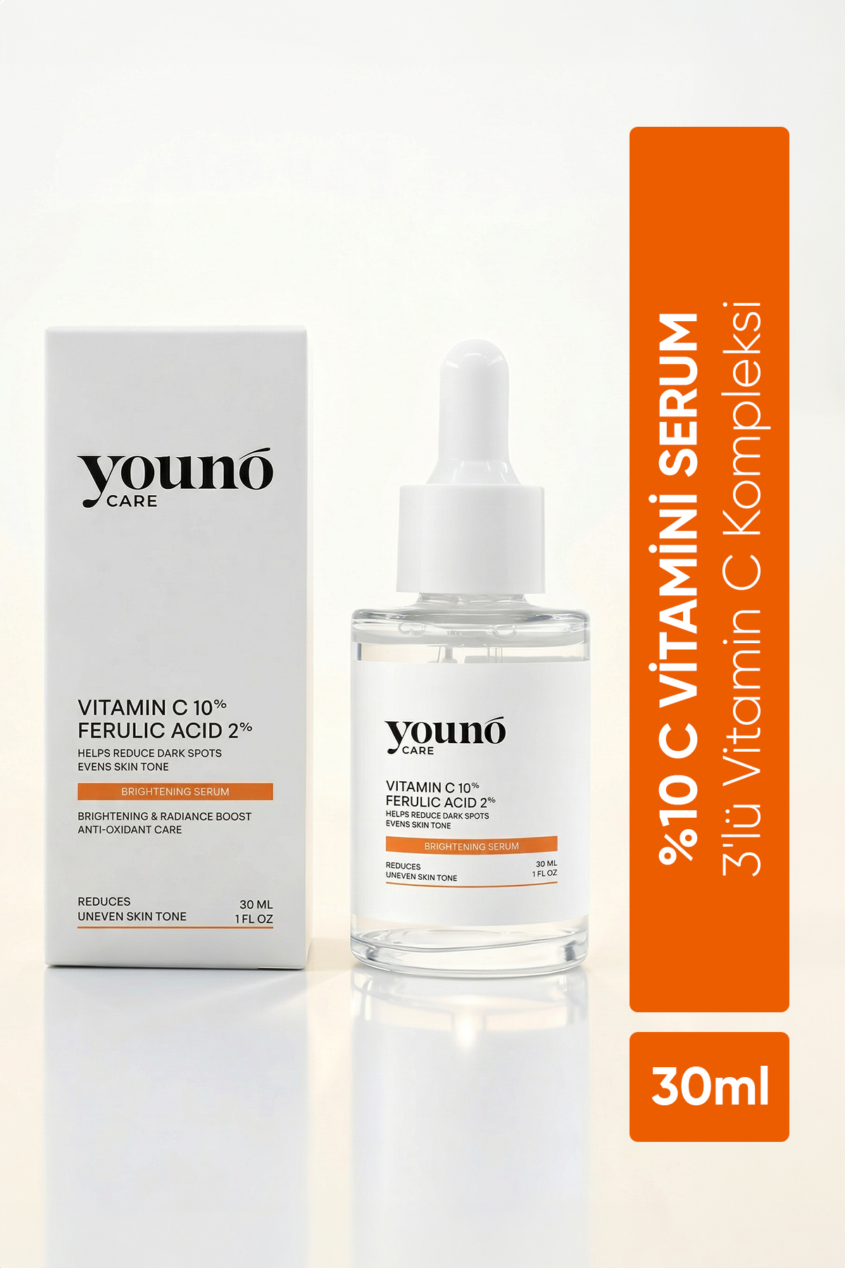 YOUNO CARE %10 C Vitamini Serum 3'lü Vitamin C Kompleksi 30 ml | Ferulic Acid | Hyaluronik Asit | Leke Karşıtı — YC-SKN-VCS-30