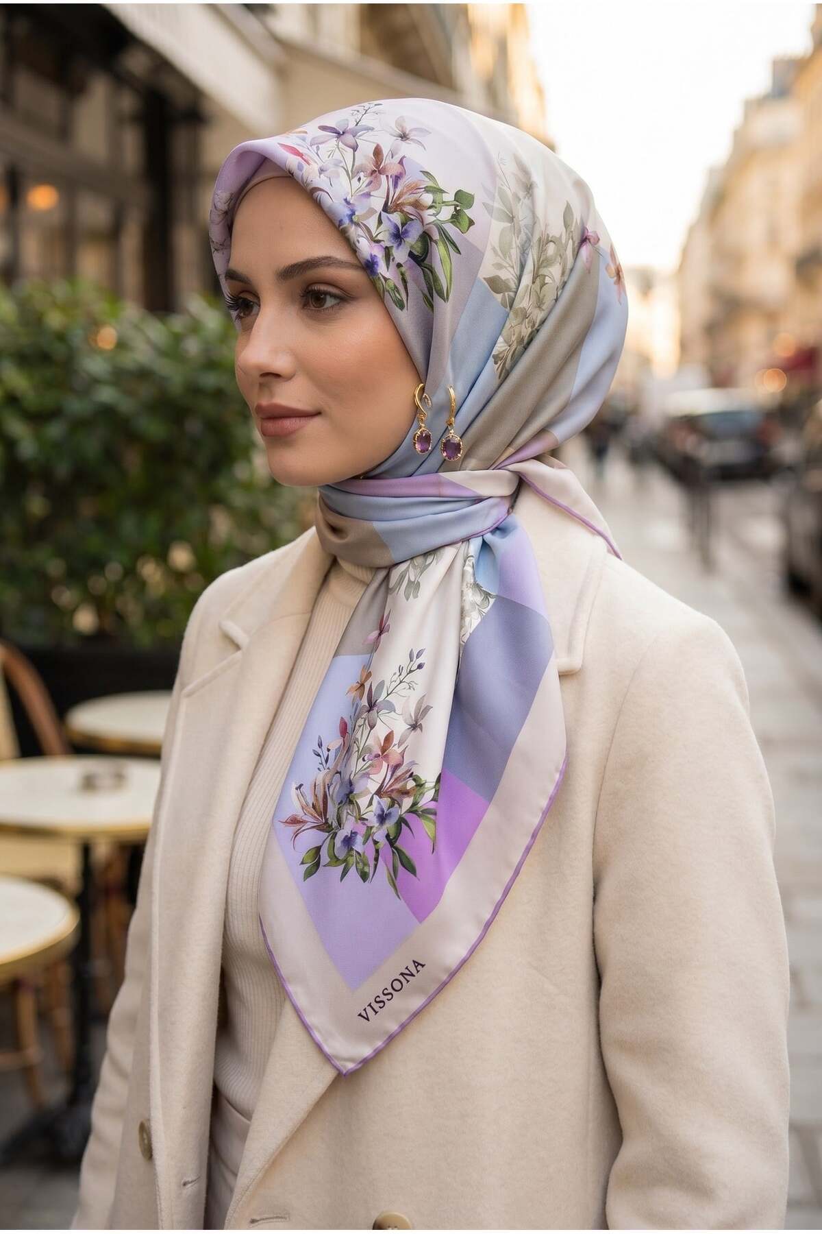 100% Twill Silk Checkered And Crispy Flower Patterned Lilac - Beige Color 90x90 Scarf Sewing Shape : Hand Sewing
