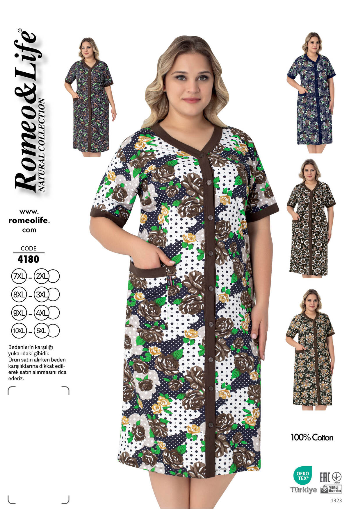 Women's Plus Size 100% Cotton Combed Fabric Buttoned Summer Dress - Ecru-Green 4180