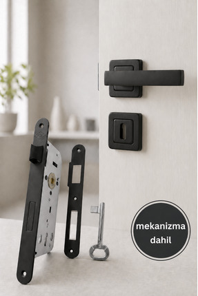 Merkezoğlu Mat Siyah Kare Rozetli Oda Kapı Kolu Tam Set – 40 mm – Sessiz Kilitli