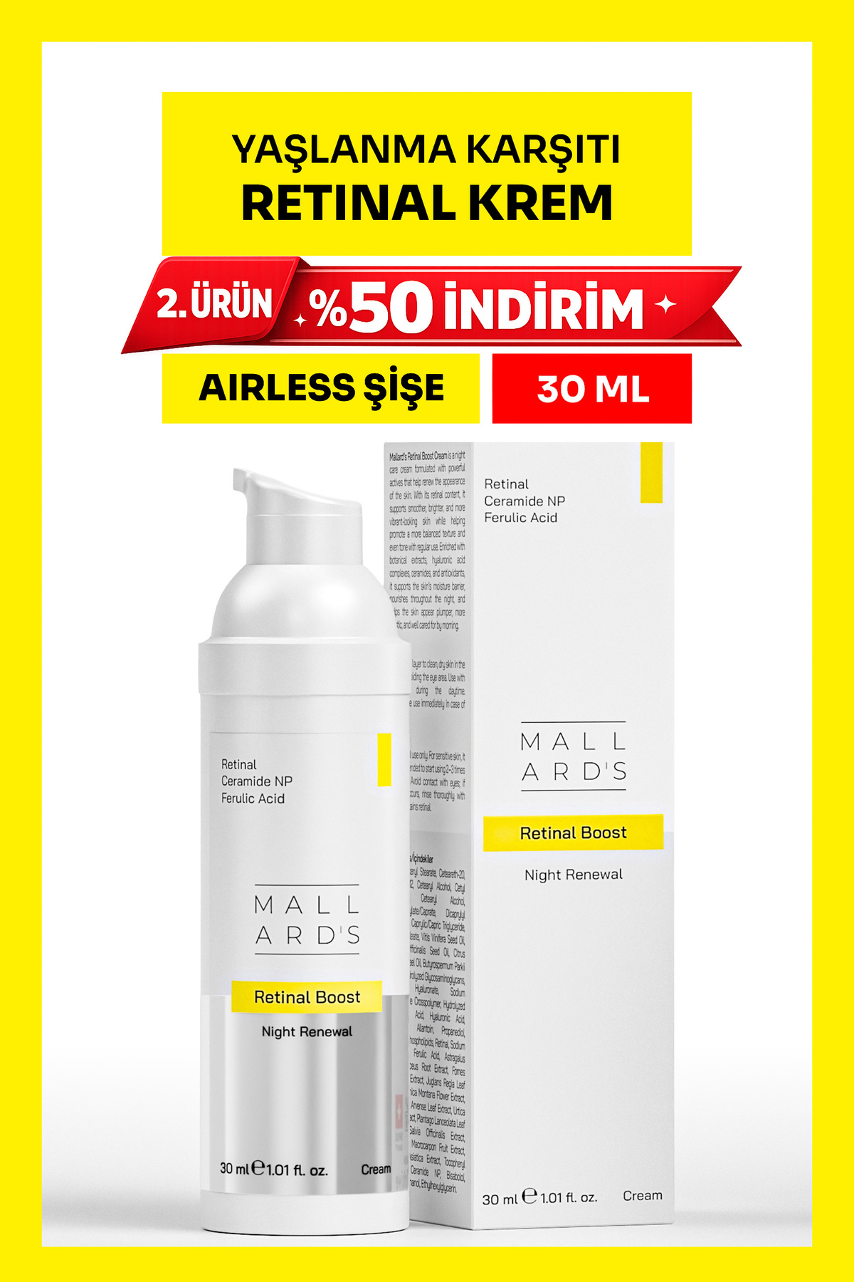 Mallards Retinal Boost, Yaşlanma ve Kırışıklık Karşıtı Retinal Krem, 30 ml