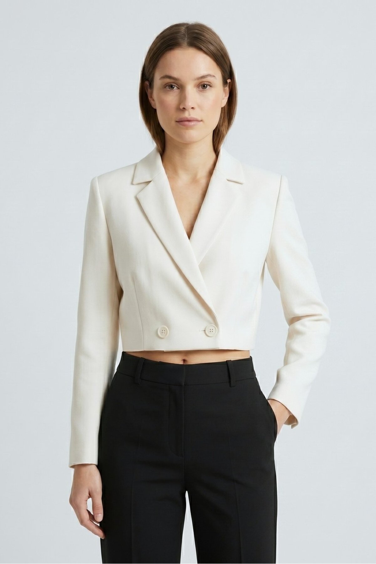 Saade  Kadın Regular Fit Kruvaze Kapama Dokuma Crop Blazer Ceket -Şık & Spor