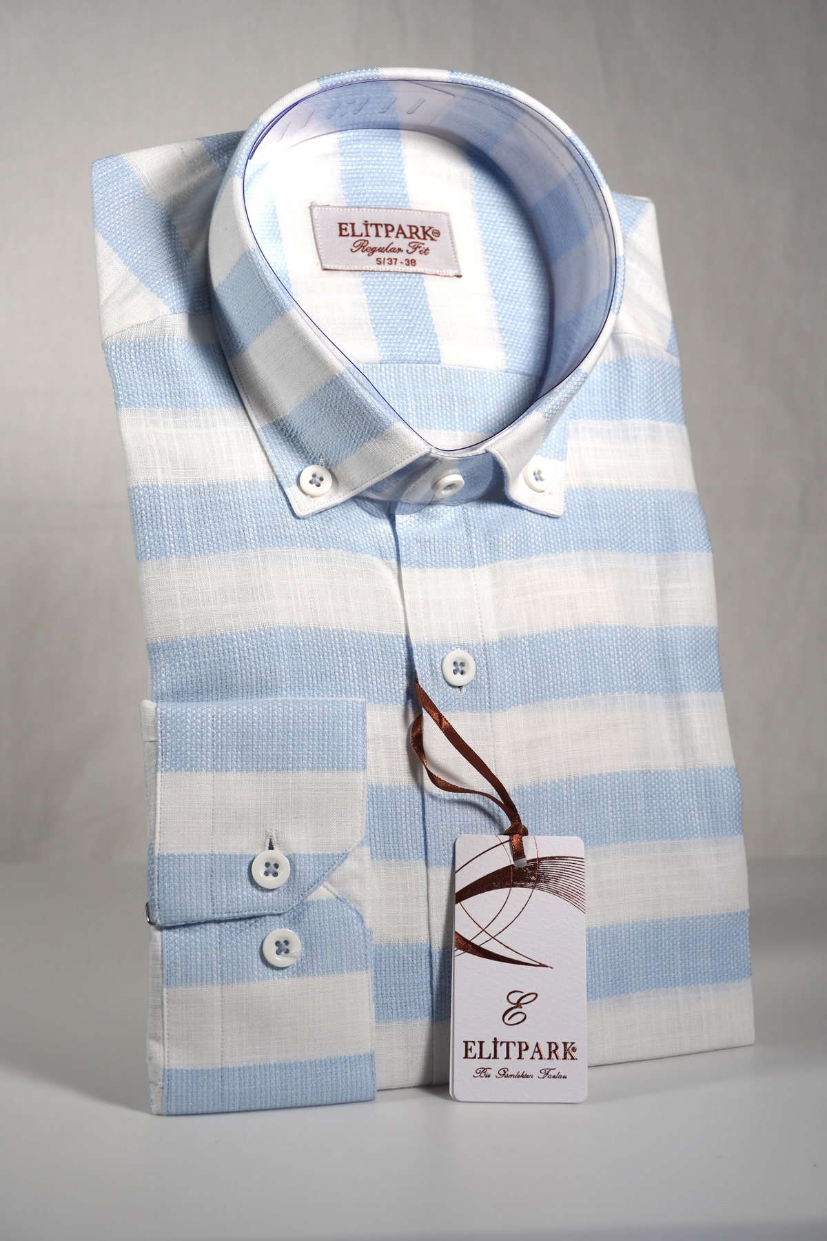 Men's Light Blue-White Striped Buttoned Neck 100% Cotton Long Sleeve Shirt