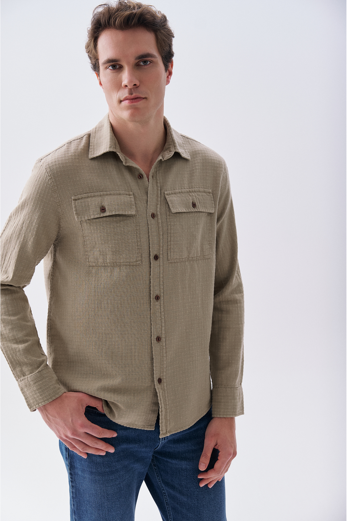 Mudo Erkek Bej Comfort Fit Çift Cepli Uzun Kollu Gömlek — بژ 1267354