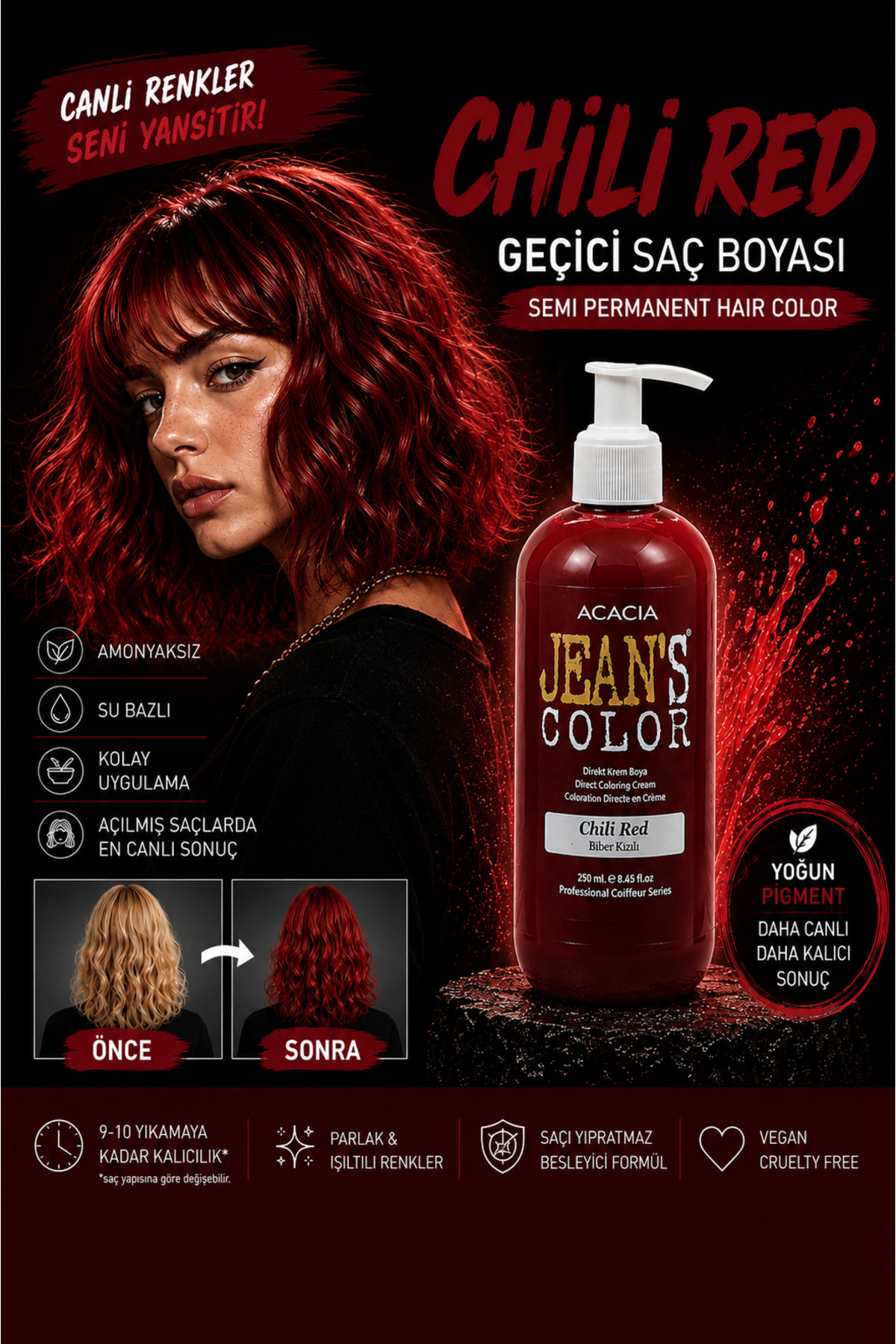 jeans color Amonyaksız Renkli Saç Boyası Biber Kızılı 250ml. Kokusuz Su Bazlı Chili Red Hair Dye — زرشکی 22222