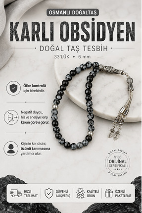 OSMANLI DOĞAL TAŞ Karlı Obsidyen Doğal Taş Tesbih 33lük - 6mm