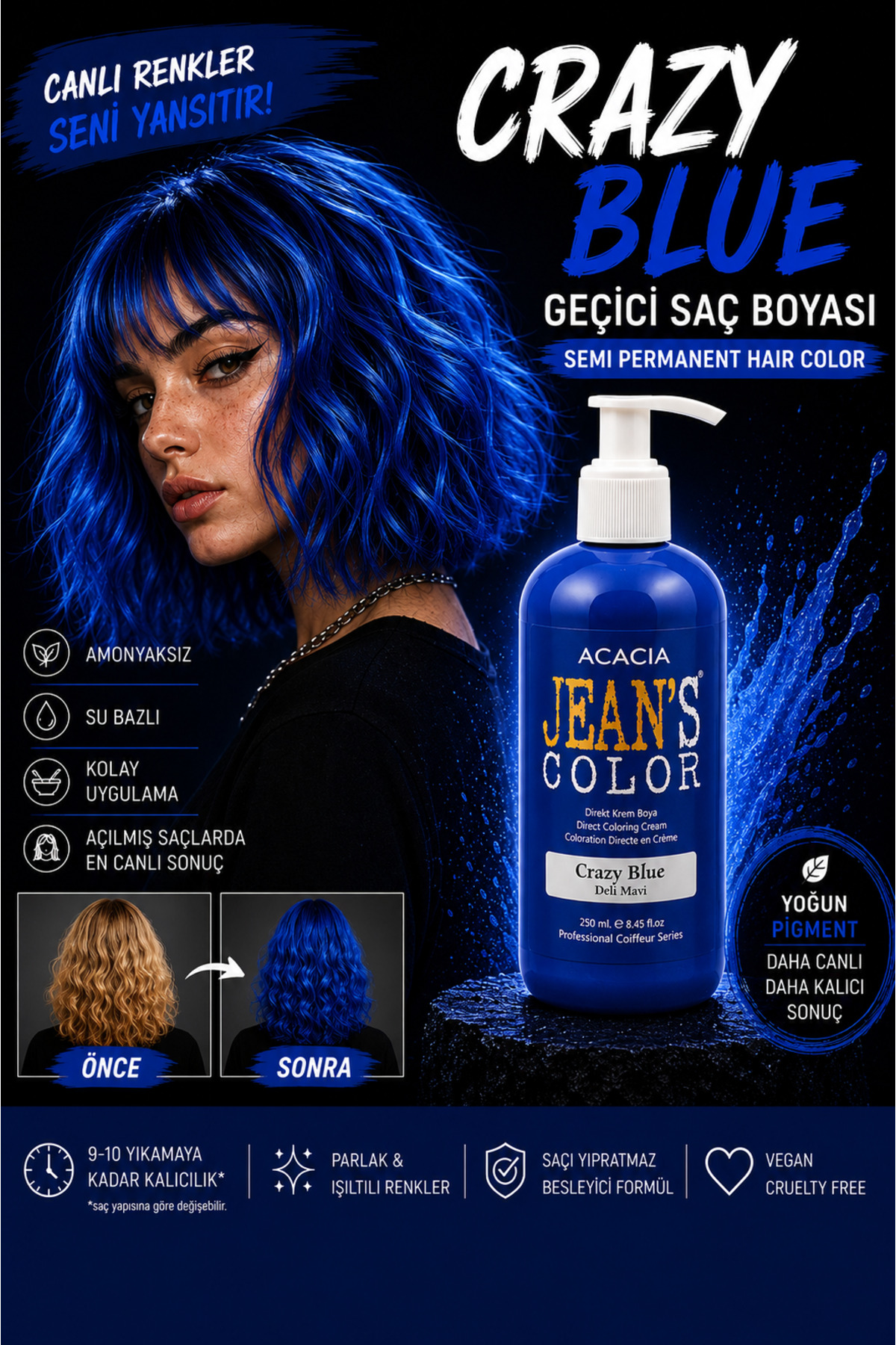 jeans color Amonyaksız Renkli Saç Boyası Deli Mavi 250ml. Kokusuz Su Bazlı Crazy Blue Hair Dye — آبی 22222