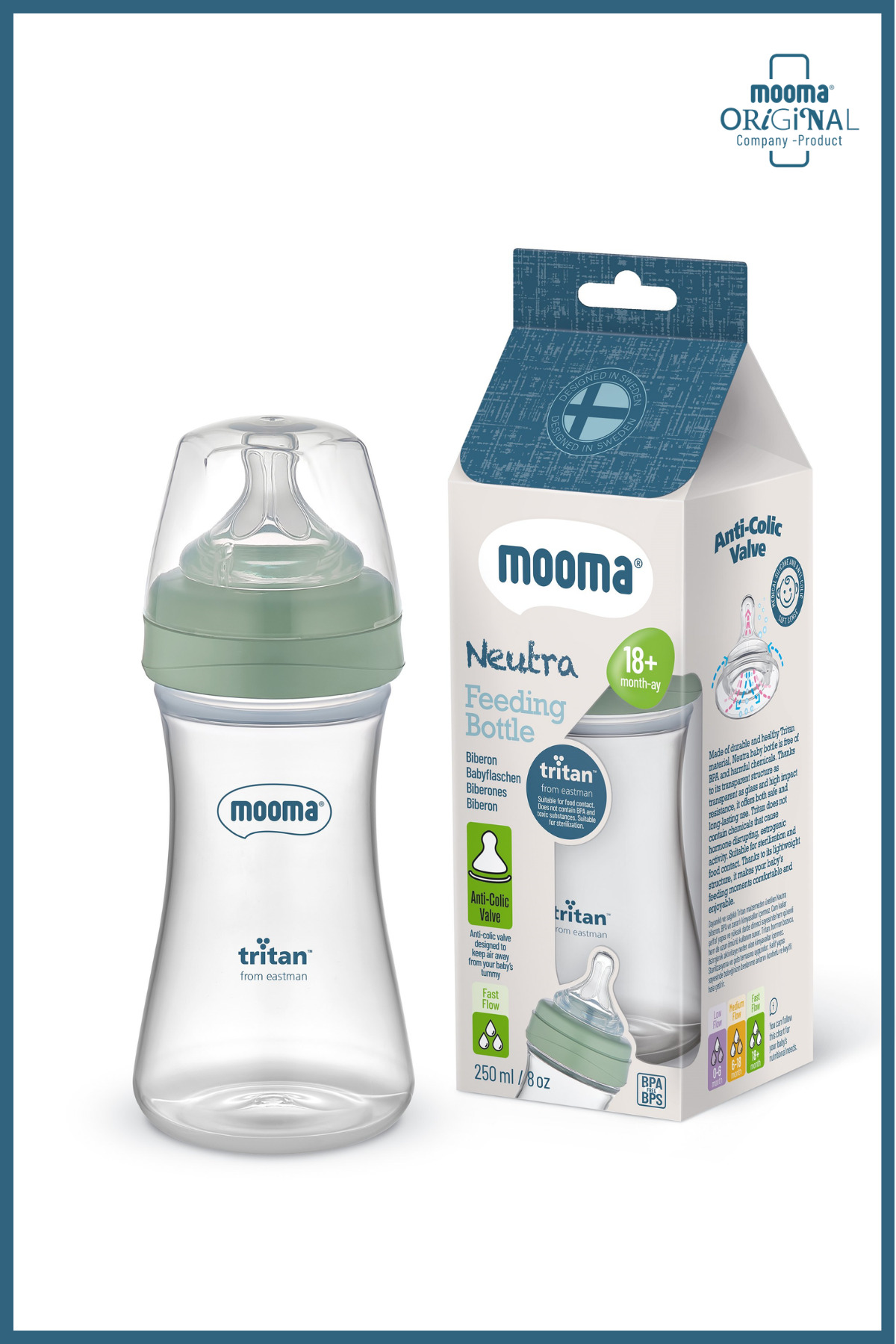 MOOMA Neutra Doğal Tepkili Antikolik Tritan Biberon 250 ml 18 Ay+ (Hızlı Akış) - Çağla