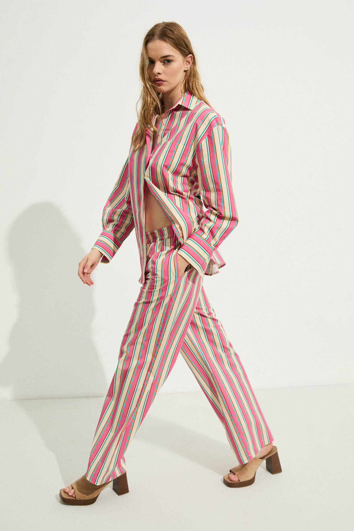 GRIMELANGE MIREL Kadın Oversize Fit %100 Organik Pamuklu Pembe Çizgili Gömlek görsel 4