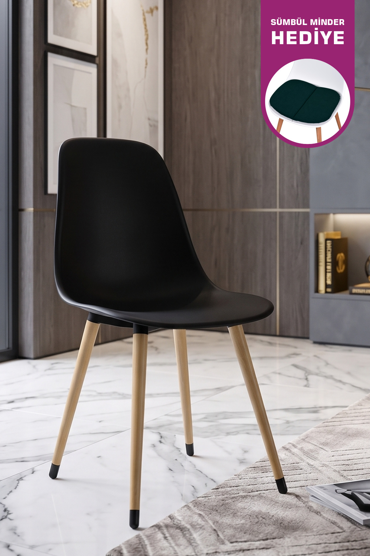Eames Natural Wooden Leg Plastic Black Chair