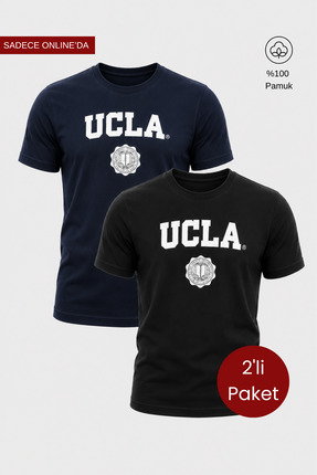 Ucla GAYLEY 2'Li Set Lacivert & Siyah Bisiklet Yaka Baskılı %100 Pamuk Standa...