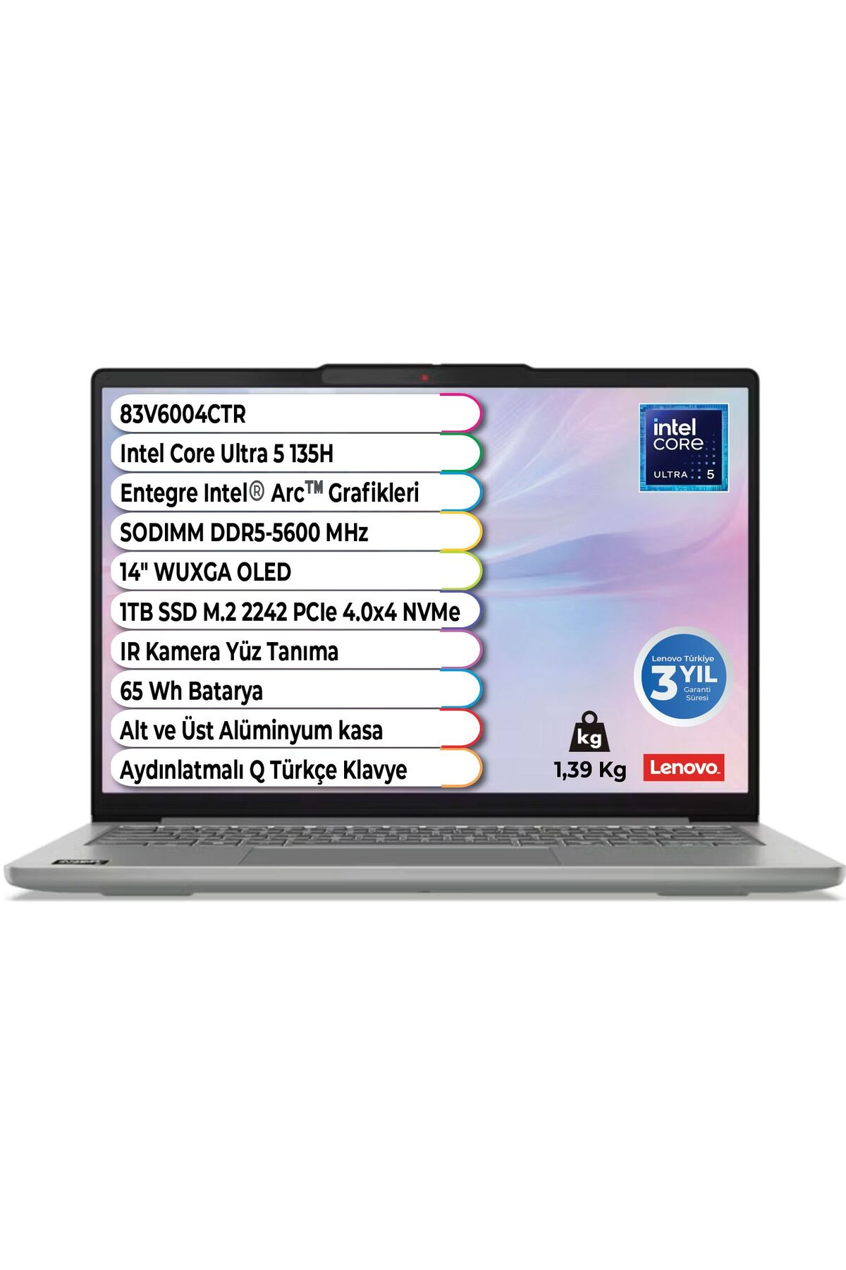 IdeaPad Slim 5 14IMH10 Intel Core Ultra 5 135H 16GB 1TB SSD FreeDos 14" WUXGA (1920x1200) OLED 400nits 83V6004CTR