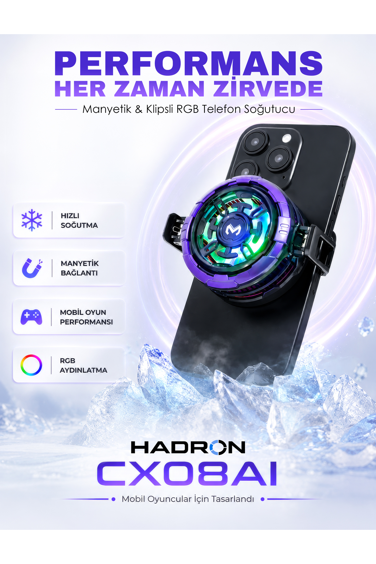Genel Markalar CX08AI Manyetik Klipsli Telefon Soğutucu Fan RGB