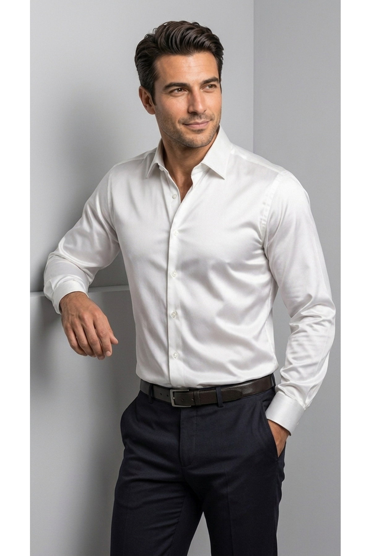 viyamen Erkek Slim Fit Klasik Saten Gömlek Uzun Kollu Modern Kesim görsel 5