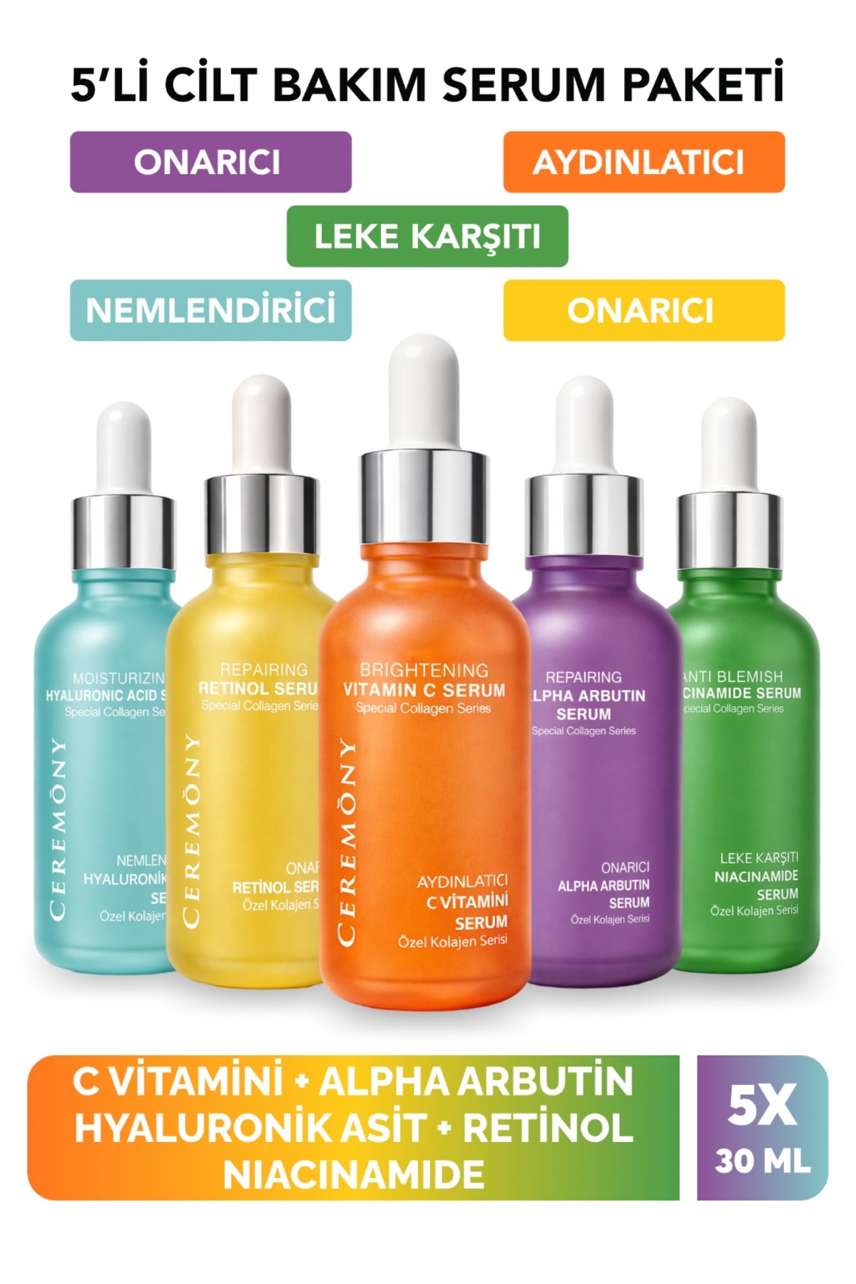 Ceremony 5’li Cilt Bakım Serum Seti | C Vitamini, Retinol, Hyaluronik Asit, Niacinamide, Alpha Arbutin — 8684354130051-003700680044