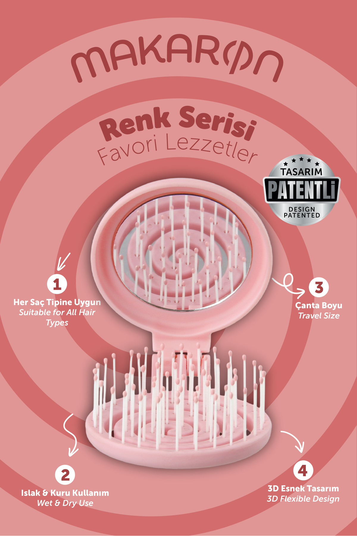 PROCO Beauty Makaron Saç Fırçası - 3D Esnek, Aynalı, Çanta Boy - Compact Detangler — صورتی MAKARON-FPS