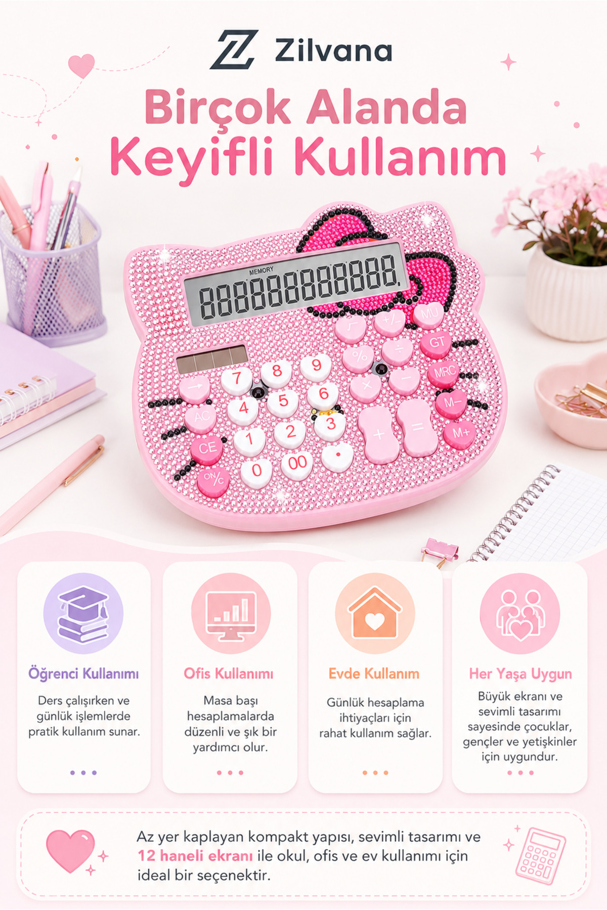 Zilvana Elmas Taşlı Fiyonk Detaylı Kalp Şeklinde Düğme Tasarımlı 12 Haneli Mini Pembe-Gümüş Hesap Makinesi